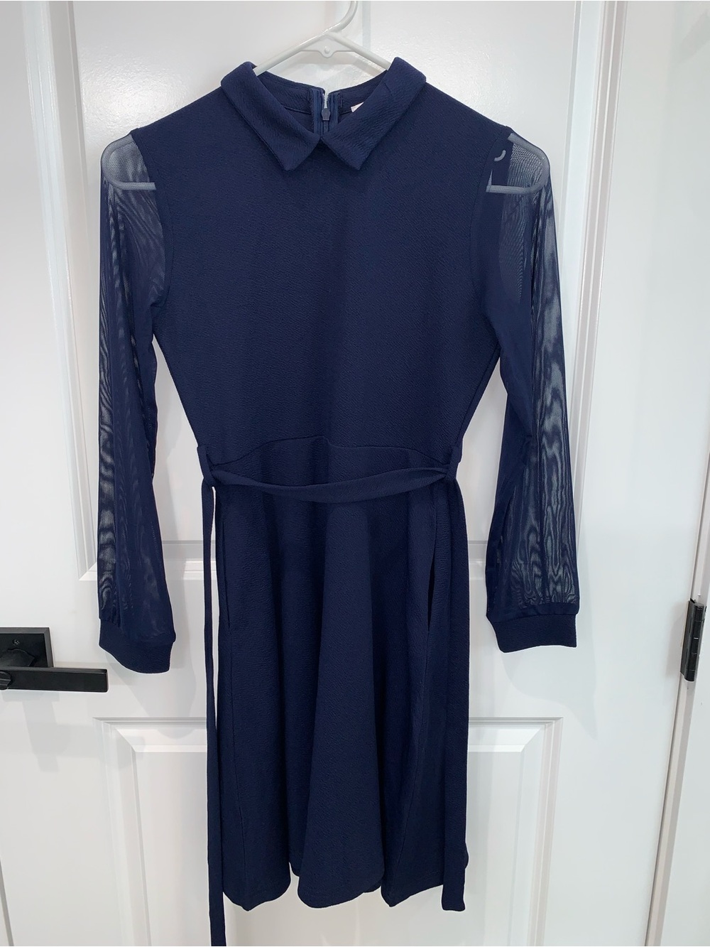 Girls' Navy Long-Sleeve Mesh-Sleeve Collared Dress with Sash